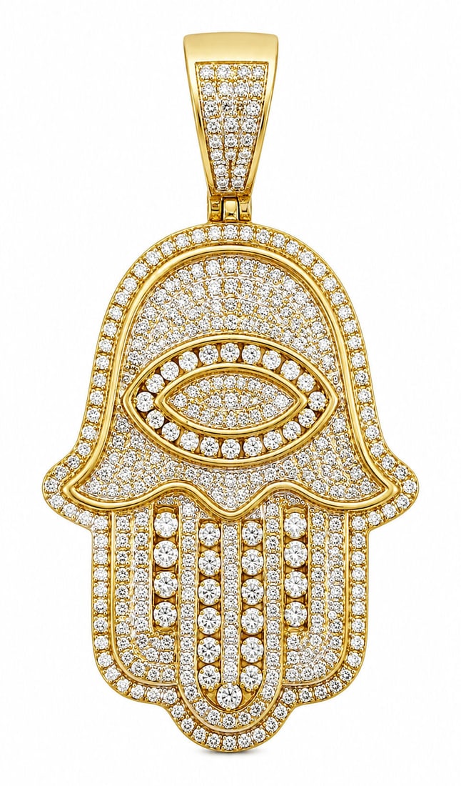 10K Yellow Gold Diamond Hamsa Hand Pendant ? Approx. 1.00 CTW Diamonds: Metal: 10K Yellow Gold Gemstones: Natural Diamonds (approx. 1.00 CTW) Design: Hamsa Hand with Evil Eye Motif Weight: 8.4 grams Measurements: 1 3/4 in. H ? 1 in. W Diamond Setting: Pav? and prong-set r