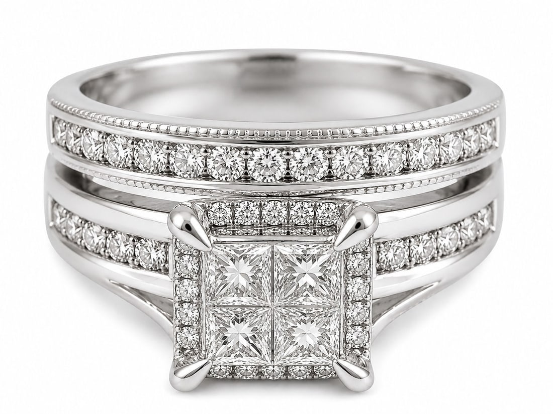 14K White Gold Diamond Bridal Ring Set ? Princess-Cut Cluster Center, Approx. 1.00 CTW: Metal: 14K White Gold Style: Bridal Set / Engagement Ring & Wedding Band Center: Princess-Cut Diamond Cluster Accent Stones: Round Brilliant-Cut Diamonds Approximate Total Diamond Weight: 1.00 CTW Rin