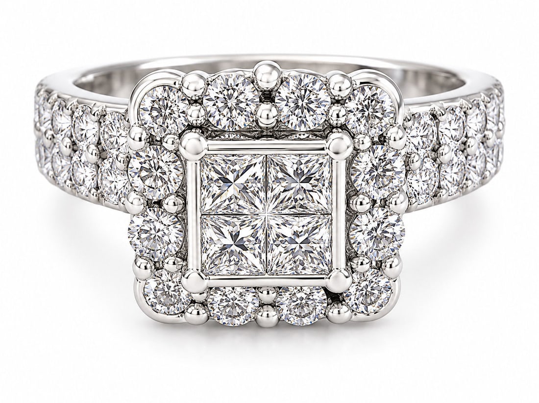 14K White Gold Diamond Cluster Engagement Ring ? Approx. 2.00 CTW Diamonds: Metal: 14K White Gold Gemstones: Natural Diamonds Approximate Total Diamond Weight: 2.00 CTW Center: Princess-Cut Diamond Cluster Surrounding Stones: Round Brilliant-Cut Diamonds Ring Size: 7 1/4 Weig