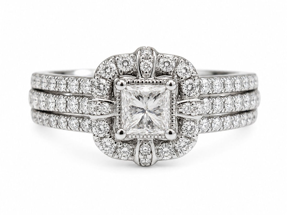 14K White Gold Princess Cut Diamond Engagement Ring: Metal: 14K White Gold Size 5 Weight 4.19g Total Diamond Weight: Approx. 0.75 CTW Center Diamond: Approx. 0.25 CT Princess Cut Accent Diamonds: Approx. 0.50 CTW Round Brilliant Diamonds Setting Style: 