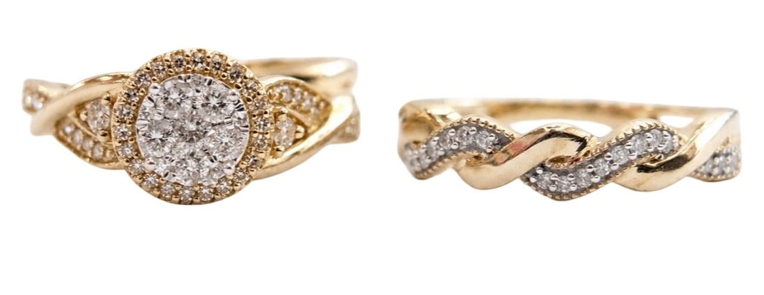 10K Yellow Gold Diamond Halo Cluster Bridal Set Engagement Ring & Wedding Band: 10K Yellow Gold Size 6 3/4 Weight 4.9g Total Diamond Weight: Approx. 0.5 CTW Center Cluster: Approx. Accent Diamonds: Approx. Diamond Shape: Round Brilliant Cut Style: Bridal Set / Engagement Ring & W