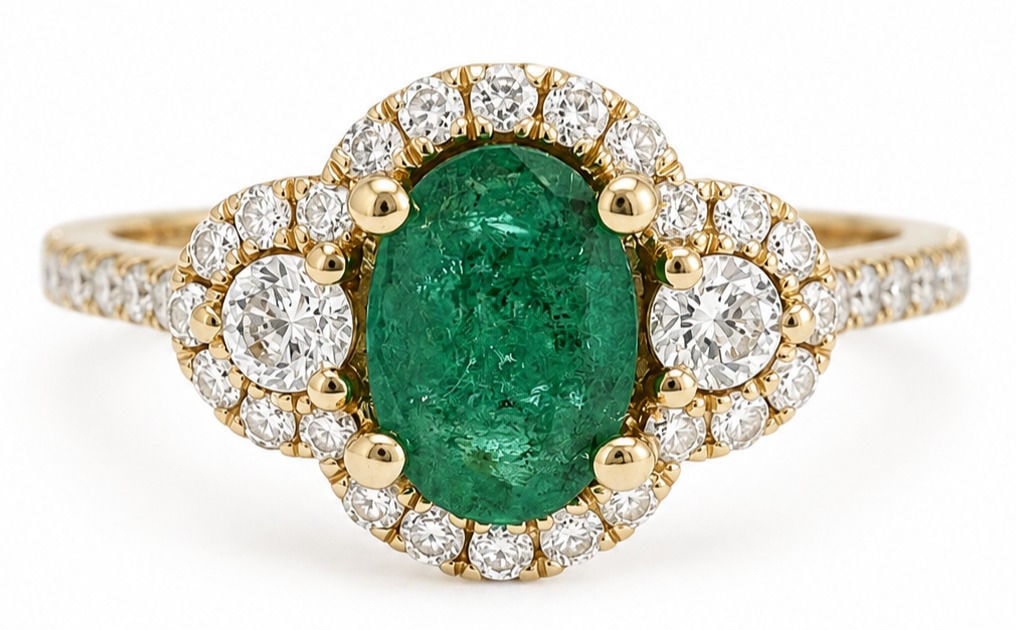 14K Yellow Gold Emerald & Diamond Halo Ring Estate Ring (1 of 5)