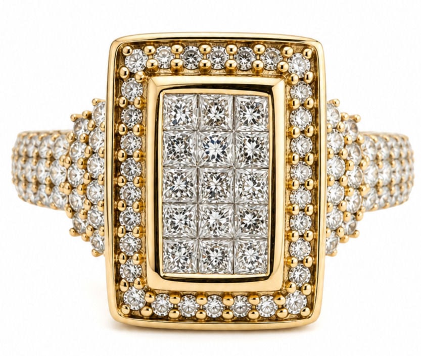 14K Yellow Gold Diamond Cluster Ring Rectangular Halo Estate Ring: 14K Yellow Gold Size 8 Weight 6.3g Total Diamond Weight: Approx. 0.75 CTW Center Diamonds: Invisible-Set Princess Cut Diamonds Accent Diamonds: Round Brilliant Cut Diamonds Style: Cluster / Halo Ring 