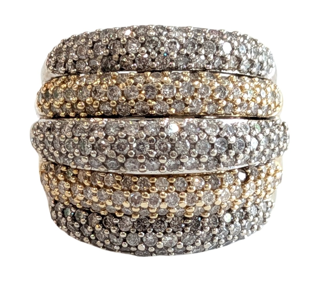 14K Gold Multi-Row Diamond Cocktail Ring 3.50 CTW Pav? Diamond Estate Ring: Metal: 14K Gold (Hallmarked) Weight: 13.7 grams Ring Size: 7 1/4 Diamonds: Approximately 350 Round Diamonds Total Diamond Weight: Approx. 3.50 CTW Diamond Size: Approx. 0.01 ct each Setting Style: Pav