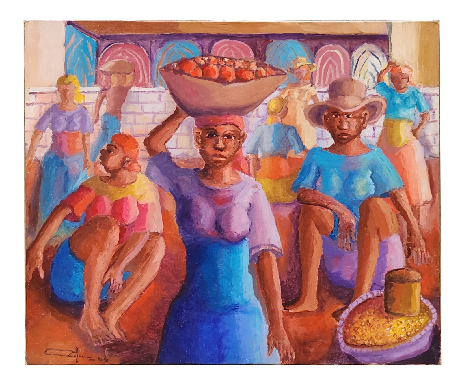 Nelson (20th C.) ? Caribbean Market Scene, 2006 ? Oil on Canvas: Vibrant and expressive oil painting signed ?Nelson? and dated 2006, depicting a lively Caribbean or Latin American market scene. This dynamic composition features barefoot women in colorful garments e