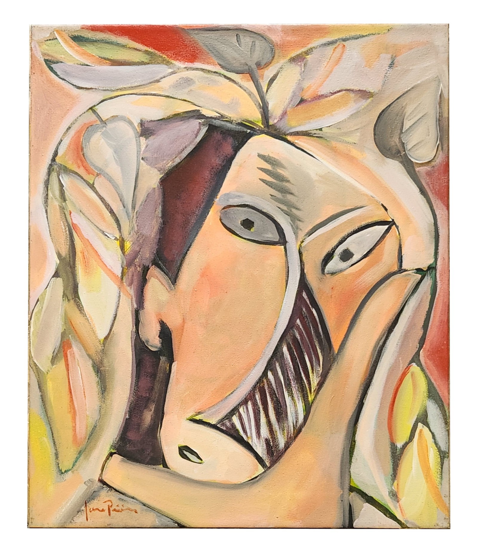Se?orita ? 2004 Oil on Canvas, Signed ? Mystery Artist: Vibrant and expressive original oil painting titled Se?orita, created in 2004 and signed by an unidentified artist. This captivating portrait blends elements of abstraction, cubism, and surrealism, fe