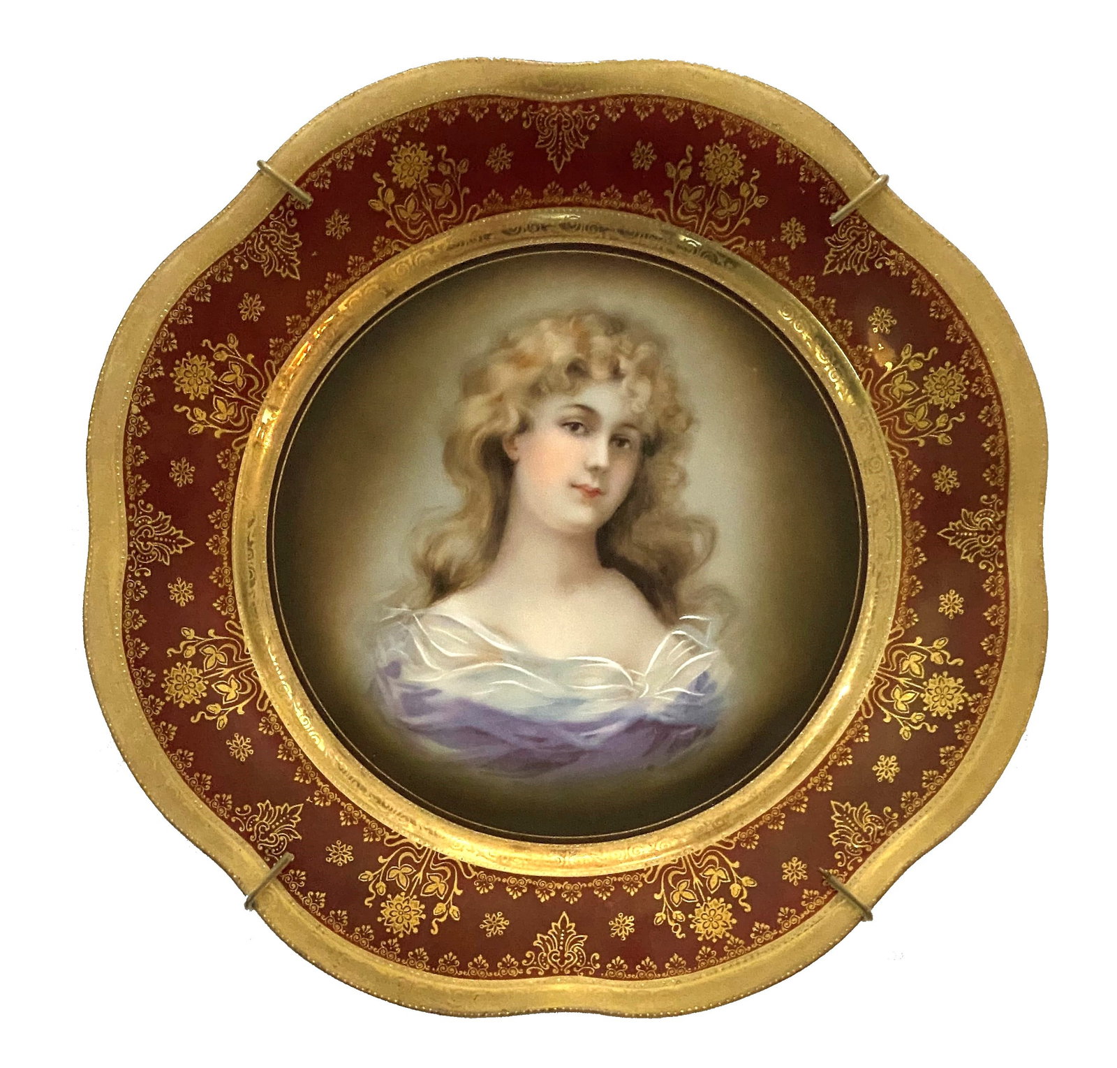 Royal Vienna "Graciosa" Portrait Plate ? Hand-Painted Gilded Cabinet Plate: Stunning antique Royal Vienna porcelain portrait plate titled Graciosa, featuring a beautifully hand-painted depiction of a young woman with flowing blonde curls and a soft gaze. The portrait is encir