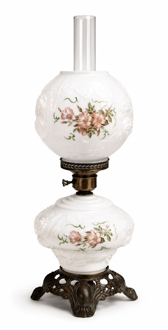 Antique Gone-with-the-Wind Style Oil Lamp with Floral Embossed Glass (1 of 3)