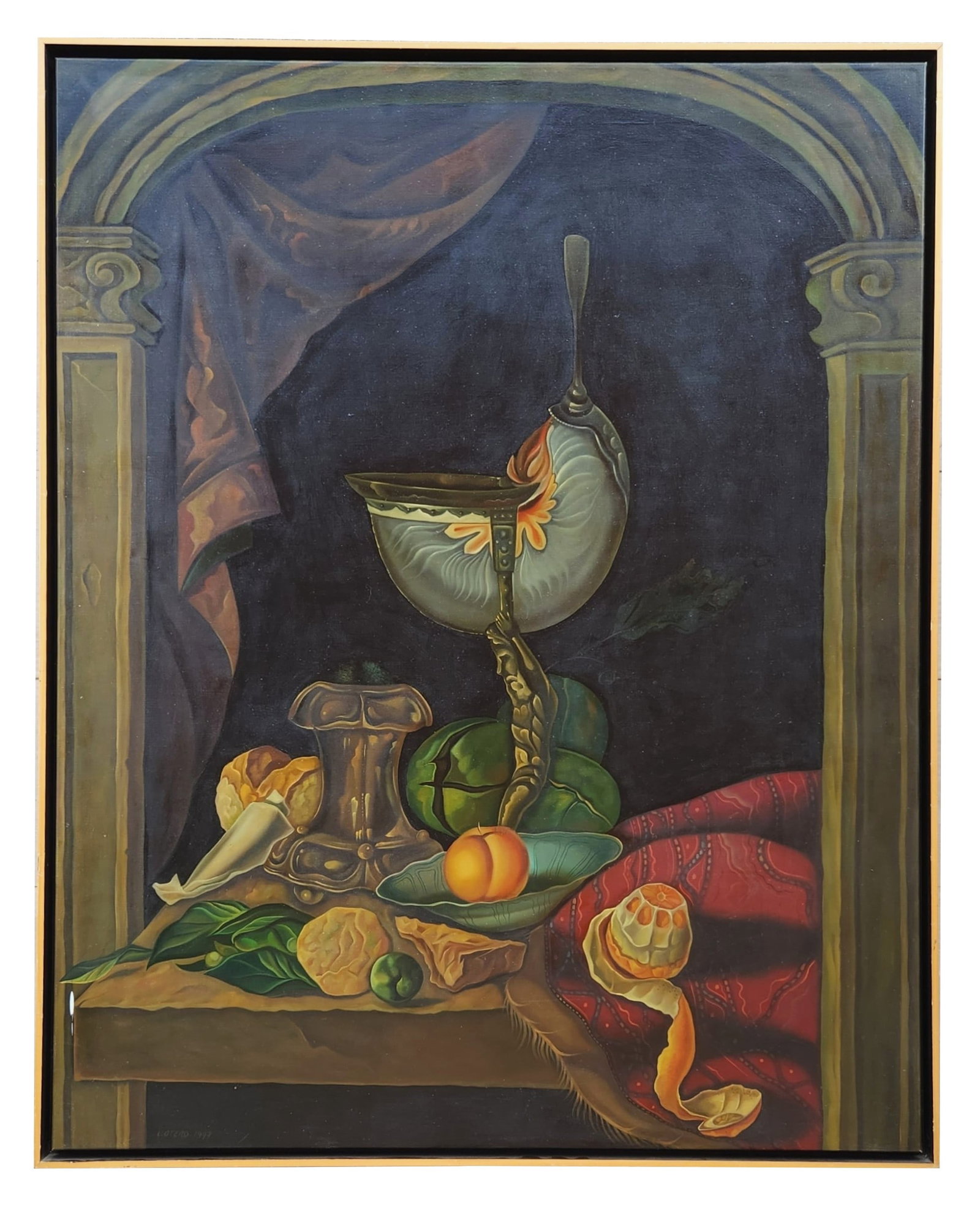 Leonel Otero Sotomayor (20th Century) Latin American: Leonel Otero Sotomayor (20th Century) Latin American Title: Bodegon con Naranja Dates: 1997 Oil on Canvas Measure 39 1/4"in H x 31"in W and 40 1/2"in H x 32"in W framed