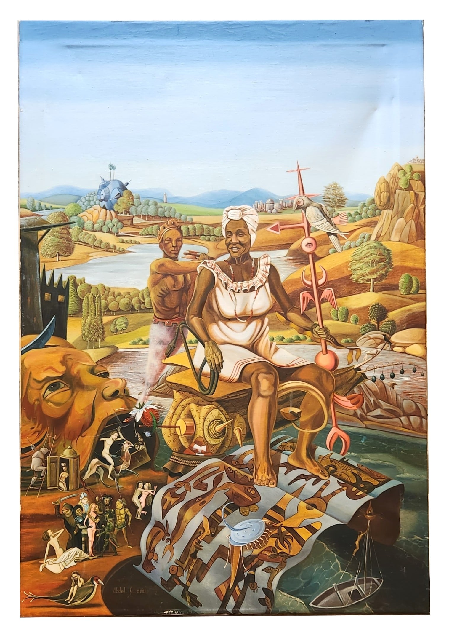 Afro-Realist Allegory with Boschian Landscape ? Signed Abdel S., 2001 (1 of 6)