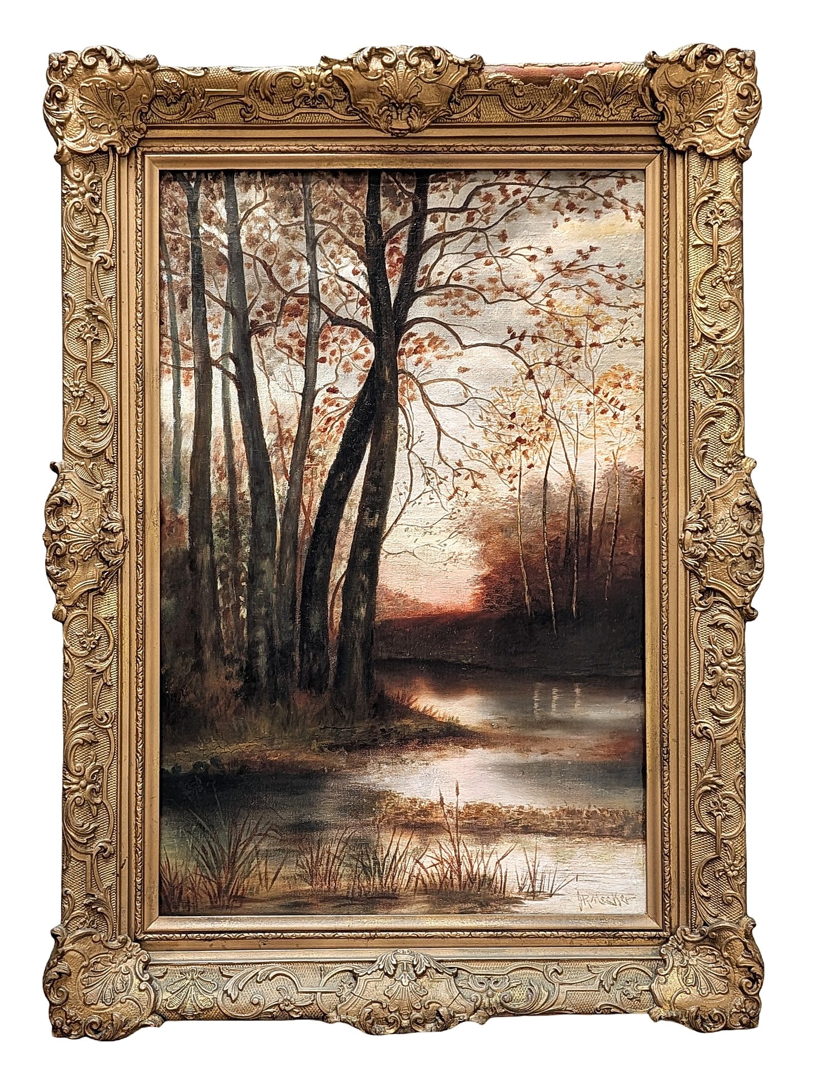 Joseph Rusling Meeker (1827 - 1887) American: Joseph Rusling Meeker (1827 - 1887) American Oil on Canvas Measure 24"in H x 16"in W and 29"in H x 21"in W x 2 1/2"in D framed Known for: Bayous, portrait and figure painting Biography: A painter of s
