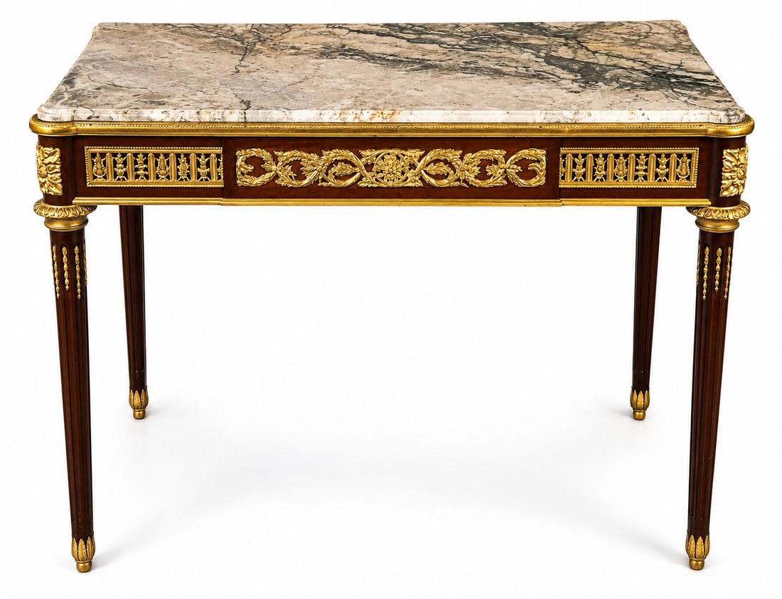 Attributed to Henry Dasson ? 19th Century French Louis XVI Style Marble-Top Gilt Bronze Console: Superb 19th century French Louis XVI style console or side table attributed to renowned ebeniste Henry Dasson (1825?1896). The rectangular table is crafted from fine mahogany and crowned with a richly