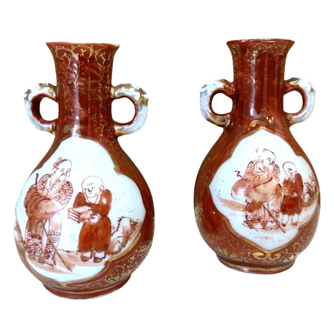 Pair of Hand Painted Japanese Kutani Style Porcelain Vases (1 of 4)