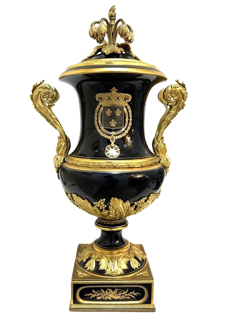 Antique French 19th Century Hand Painted Cobalt Blue Sevres Porcelain Vase: Antique French 19th Century Hand Painted Cobalt Blue Sevres Porcelain Vase Measure 24 1/2"in H x 7"in W x 7"in D (Bottom)