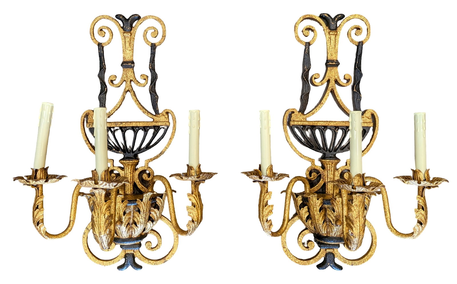 Pair of Vintage Three-Light Cast Metal Wall Sconces, Gilt and Black Finish, Hollywood Regency Style (1 of 5)