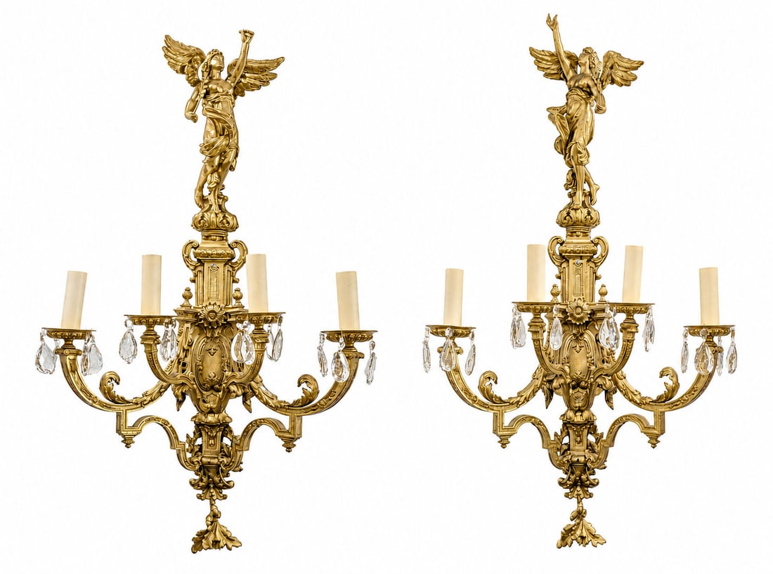 Pair of French Gilt Bronze Figural Wall Sconces, 4 Lights Each, 19th Century (1 of 6)