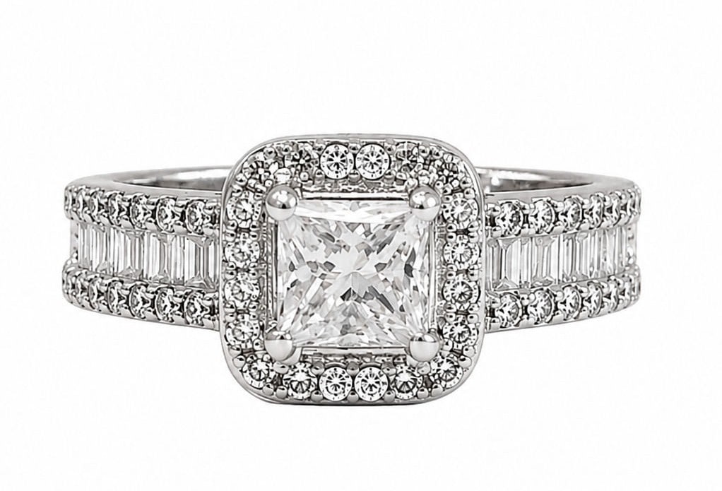 14K White Gold Princess Cut Diamond Halo Engagement Ring 1.00 CTW: Metal: Solid 14K White Gold Ring Size: 5 3/4 Weight: 5.3 grams Weight: 5.3 grams Center Stone: Princess Cut Diamond