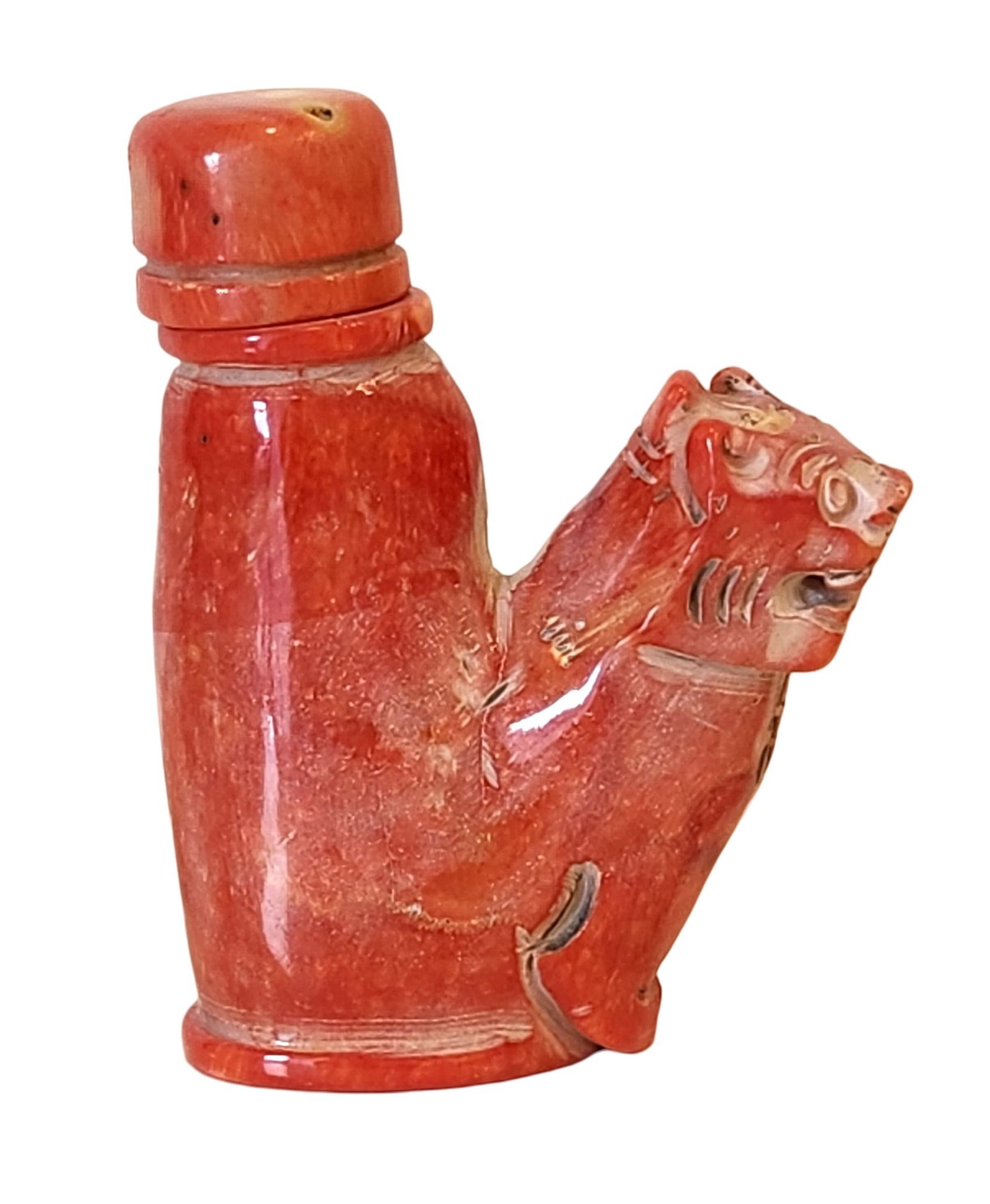 Antique Carved Red Coral Snuff Bottle with Tiger Motif, Mid-20th Century (1 of 6)