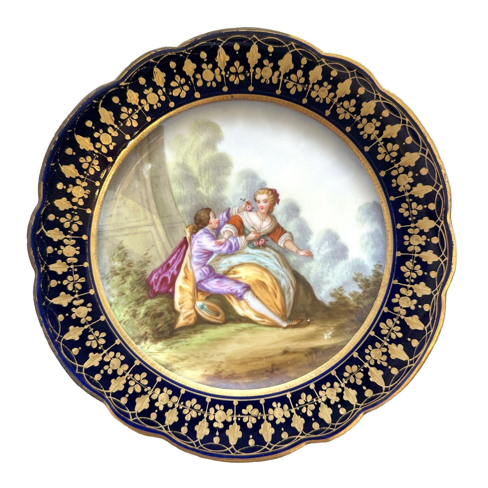 French Sevres Hand-Painted Porcelain Plate with Cobalt Border, Signed Boucher (1 of 2)
