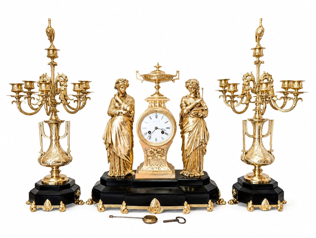 French Figural Gilt Bronze Mantel Clock and Candelabra Garnitures (1 of 13)