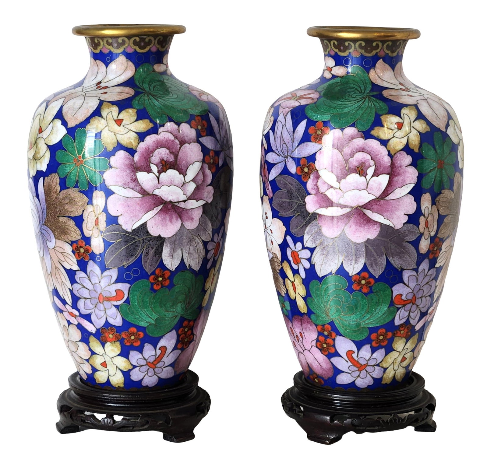 Pair of Chinese Cloisonne Enamel Vases with Floral Decoration on Blue Ground: A vibrant pair of Chinese cloisonne enamel vases of baluster form, decorated with an allover pattern of large blossoming flowers and foliage set against a rich cobalt blue ground. The design features 
