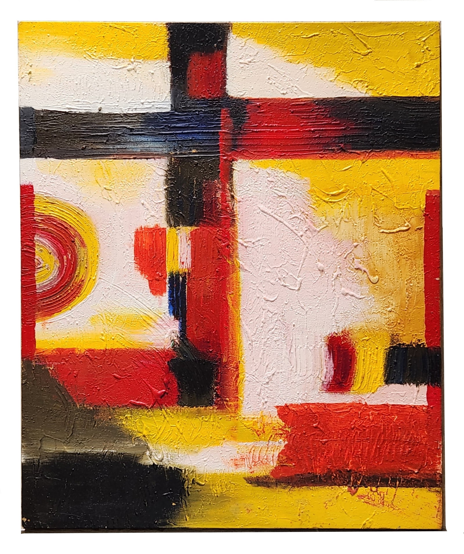 Abstract Oil on Canvas Painting Bold Geometric Composition: Striking abstract oil painting on canvas featuring a bold geometric composition with rich, textured brushwork. The piece incorporates vivid blocks and intersecting forms in red, yellow, black, and whi