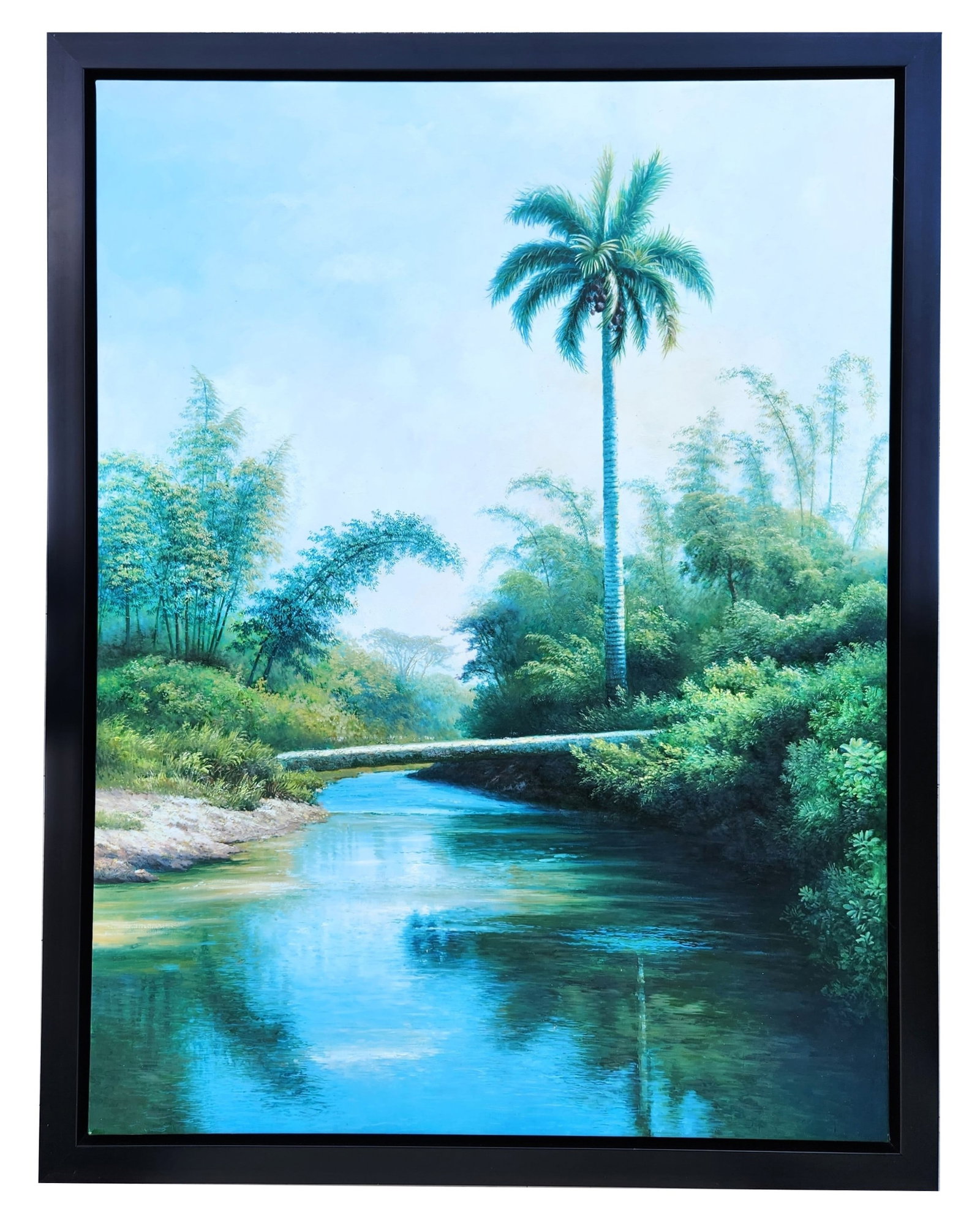 Cuban Tropical Landscape with Royal Palm and River, Unsigned Painting: Vivid oil painting depicting a serene tropical river scene framed by lush greenery, with a tall royal palm rising prominently under a soft blue sky. The composition captures the tranquility and lumino