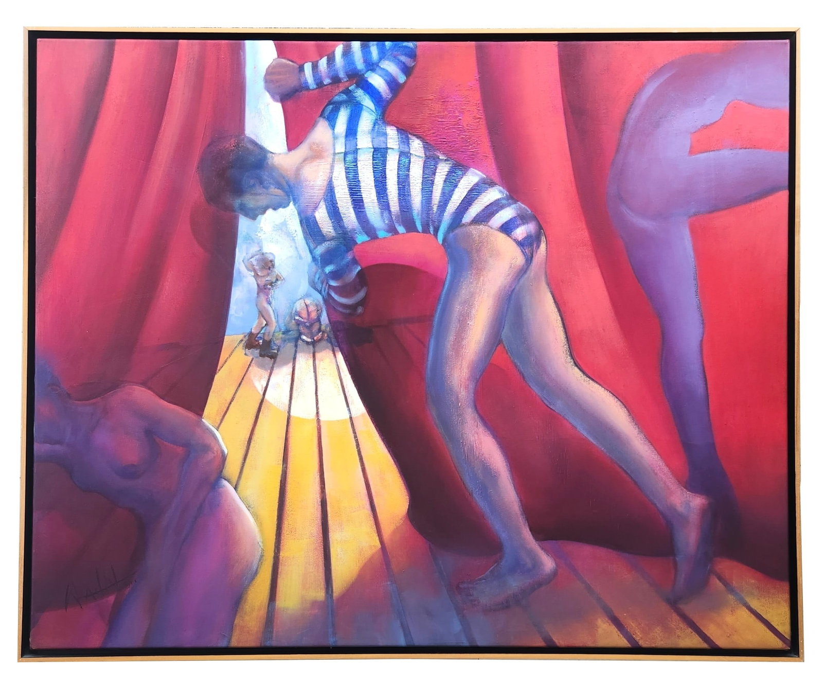Signed Contemporary Surrealist Painting ?Teatro " 1995 ? Stage Scene with Figures: Dramatic and colorful surrealist-style painting titled Teatro (Theatre), signed and dated 1995 by the artist. The composition portrays a theatrical stage setting, with bold red curtains framing elonga