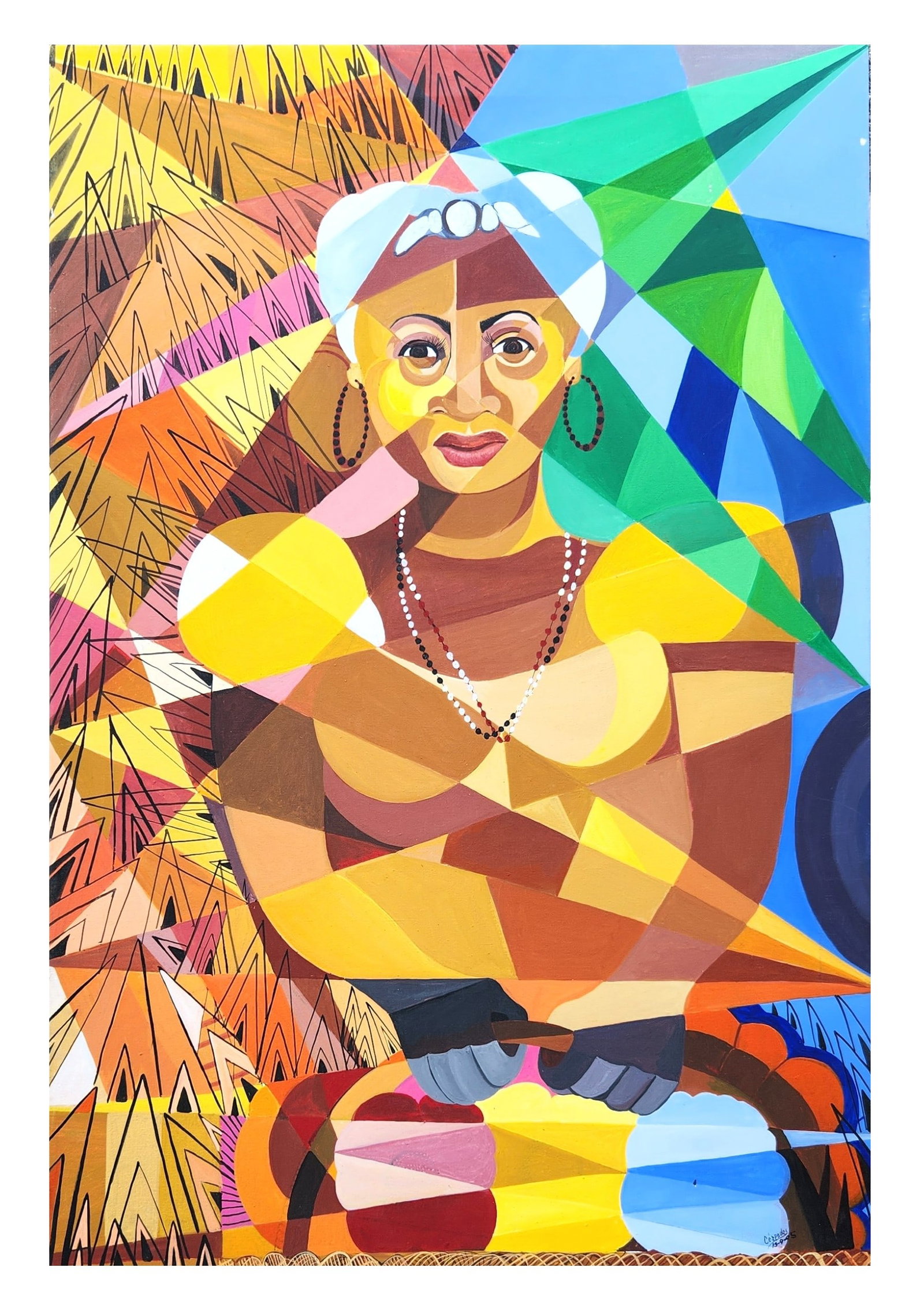 Signed Cespedes Cubist Portrait of a Woman with Drum, 1995: Dynamic cubist-style painting signed by Cespedes and dated 1995. The composition features a striking female portrait with geometric planes of vivid colors yellows, oranges, greens, and blues interwove