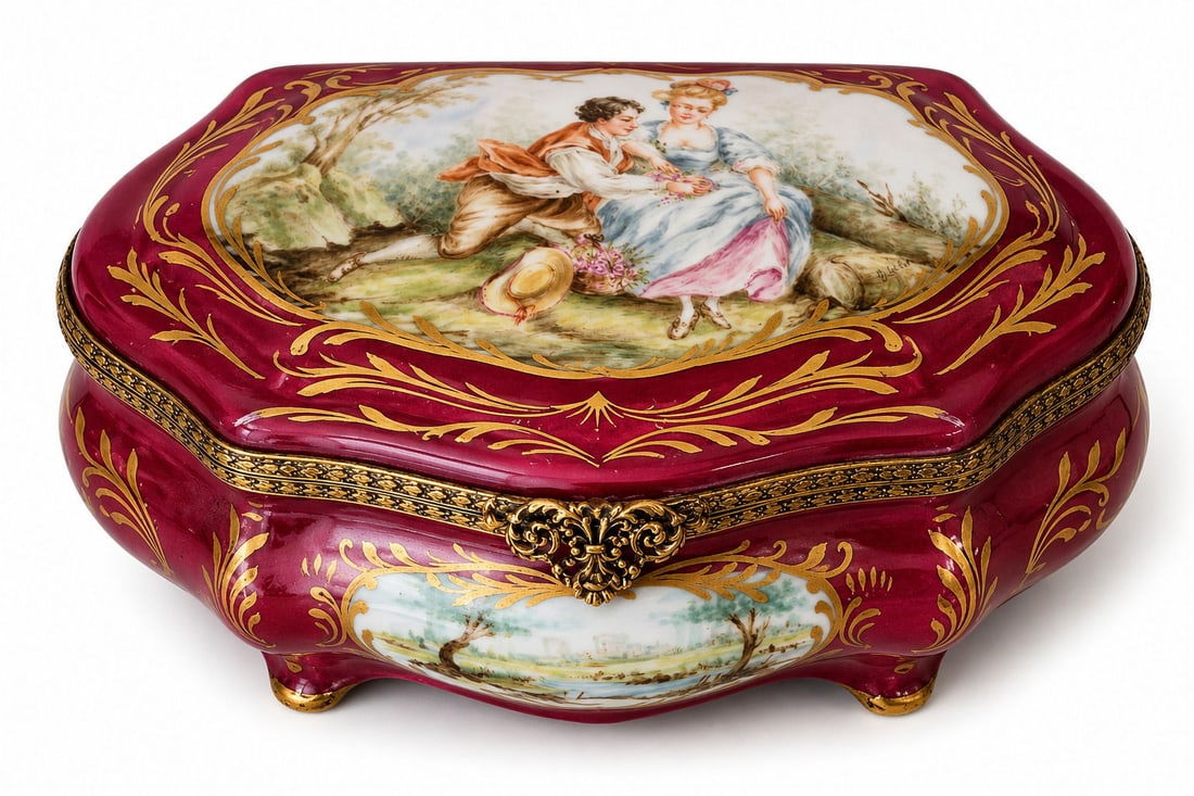 Large French Hand-Painted Porcelain Jewelry Casket with Romantic Scene: An exquisite large French porcelain jewelry casket, hand-painted and signed "D?cor Main," indicating it was artist-decorated by hand. The lid features a romantic 18th-century style courting scene set 