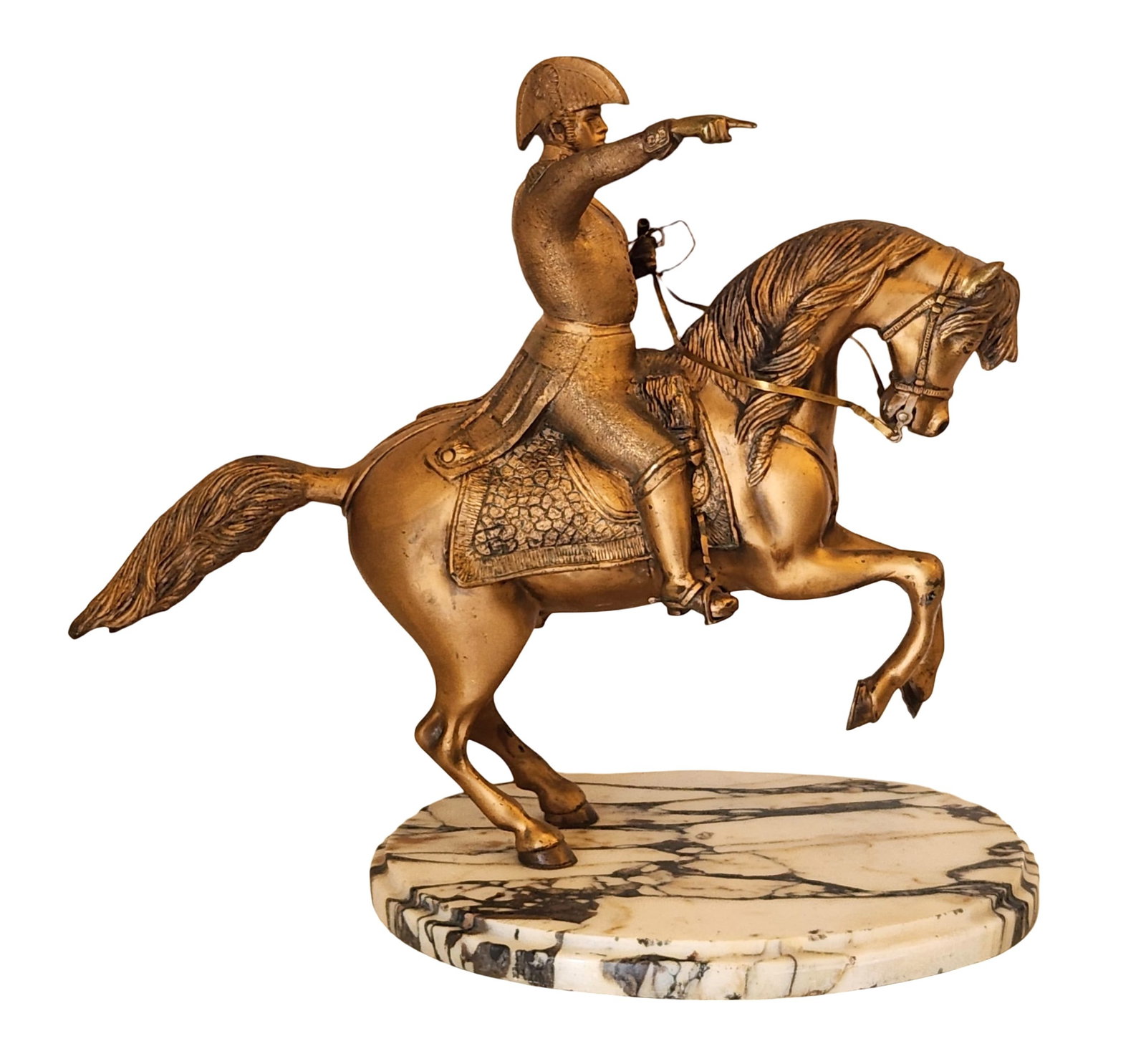 Antique Gilt Bronze Napoleon on Horseback Sculpture with Marble Base: Antique Gilt Bronze Napoleon on Horseback Sculpture with Marble Base Measure 17 1/2"in H x 19 1/2"in W x 9 3/4"in D A finely detailed antique gilt bronze sculpture depicting Napoleon Bonaparte on hors