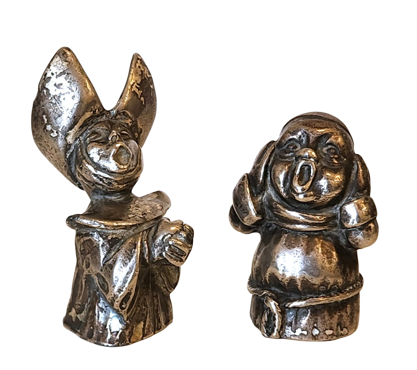 Pair of Vintage Italian Bronze Singing Monk Figurines Marked FELTRO ITALY: Whimsical and expressive pair of Italian bronze figurines, depicting two singing monks or choir members mid-performance. These vintage sculptures are finely cast with exaggerated features and rich cha