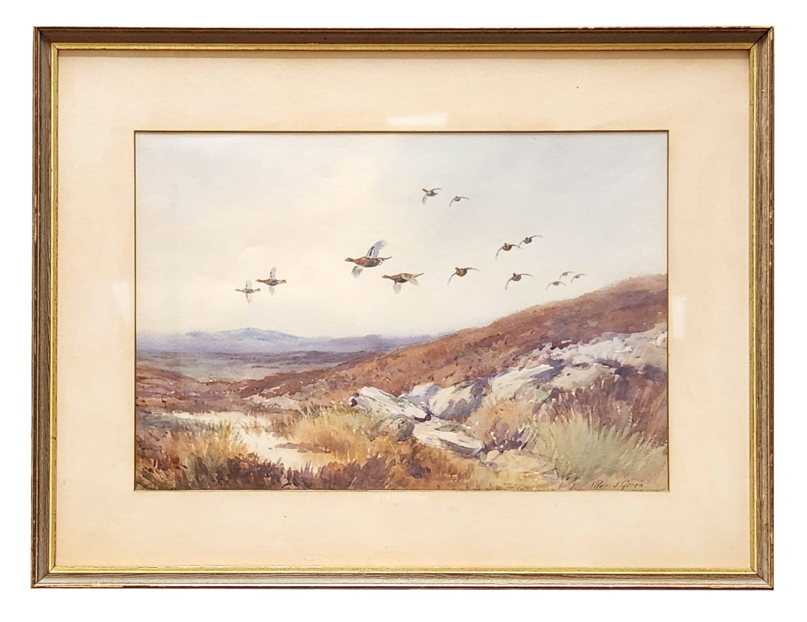 Roland Green (1896 - 1972) English: Roland Green (1896 - 1972) English Tile: Birds in Flight Over Marsh Watercolor on Paper Measure 11 3/4"in H x 17 1/2"in W and 18 1/2"in H x 24 1/4"in W framed Biography: Roland J. Green lived from 189