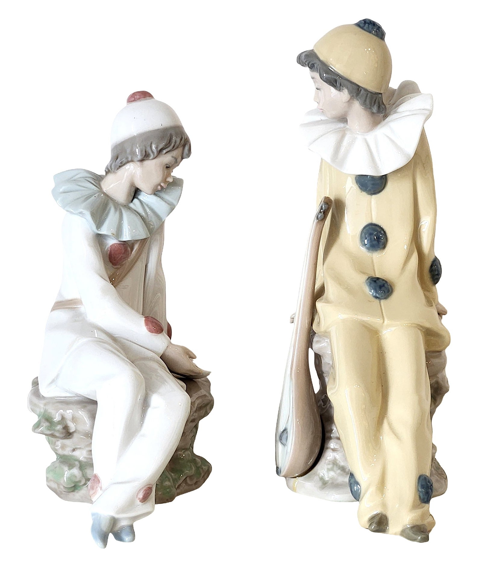 Nao by Lladro Porcelain Seated Pierrot & Harlequin Clown Figures (2), 1987 (1 of 7)