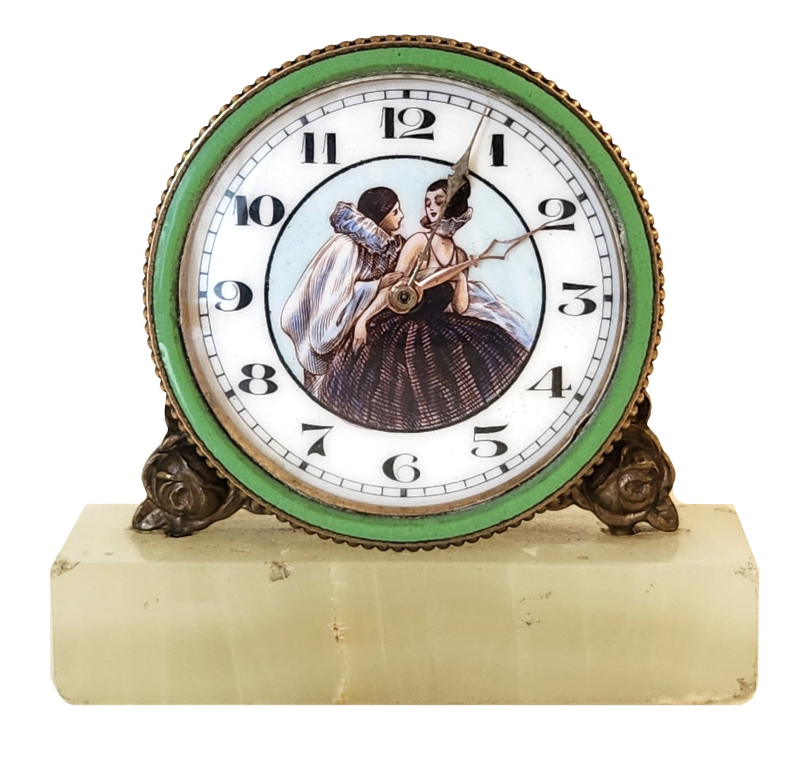 Antique French Enameled Boudoir Clock with Romantic Figural Dial, Onyx Base: Antique French boudoir or desk clock featuring a hand-enameled dial decorated with a romantic figural scene in period dress. The clock has Arabic numerals, ornate gilt metal hands, and a green enamele