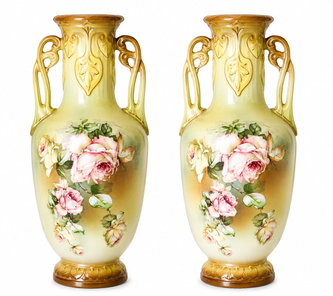 Pair of Royal Wettina Austria Art Nouveau Hand-Painted Rose Porcelain Vases: Beautiful matched pair of Royal Wettina Austria porcelain vases, dating from the late 19th to early 20th century. Each vase features a luminous yellow-to-green gradient ground with richly hand-painted