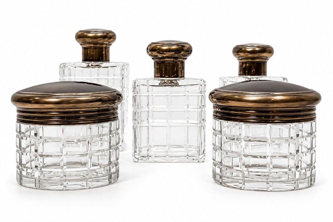 5pc Set England Sterling Cut Glass Vanity Set (1 of 7)