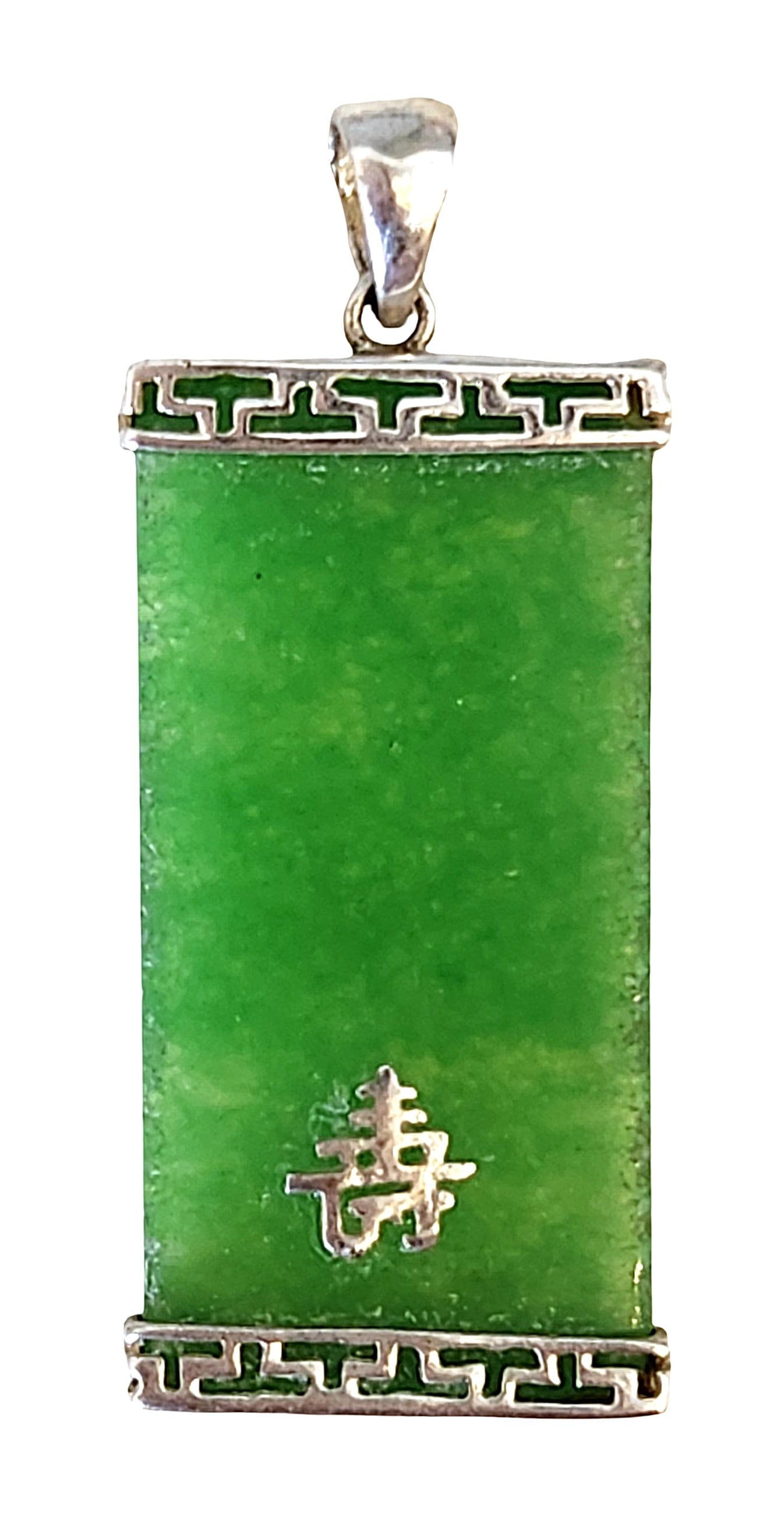 Chinese Green Jadeite Pendant with Longevity Character, Sterling Silver (925): Rectangular green jadeite pendant mounted in a sterling silver frame with decorative openwork borders. The pendant features a vibrant mottled green stone with natural variations typical of jadeite. At