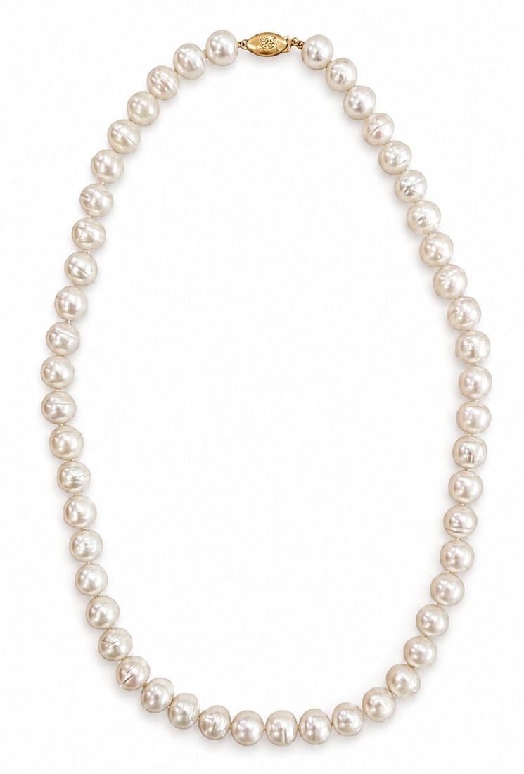 Vintage Cultured Pearl Necklace with 14K Gold Clasp Classic Single Strand Pearl Necklace: Elegant vintage cultured pearl necklace featuring a full strand of lustrous creamy white pearls secured with a 14K yellow gold clasp. The pearls display attractive natural variations in shape and surf