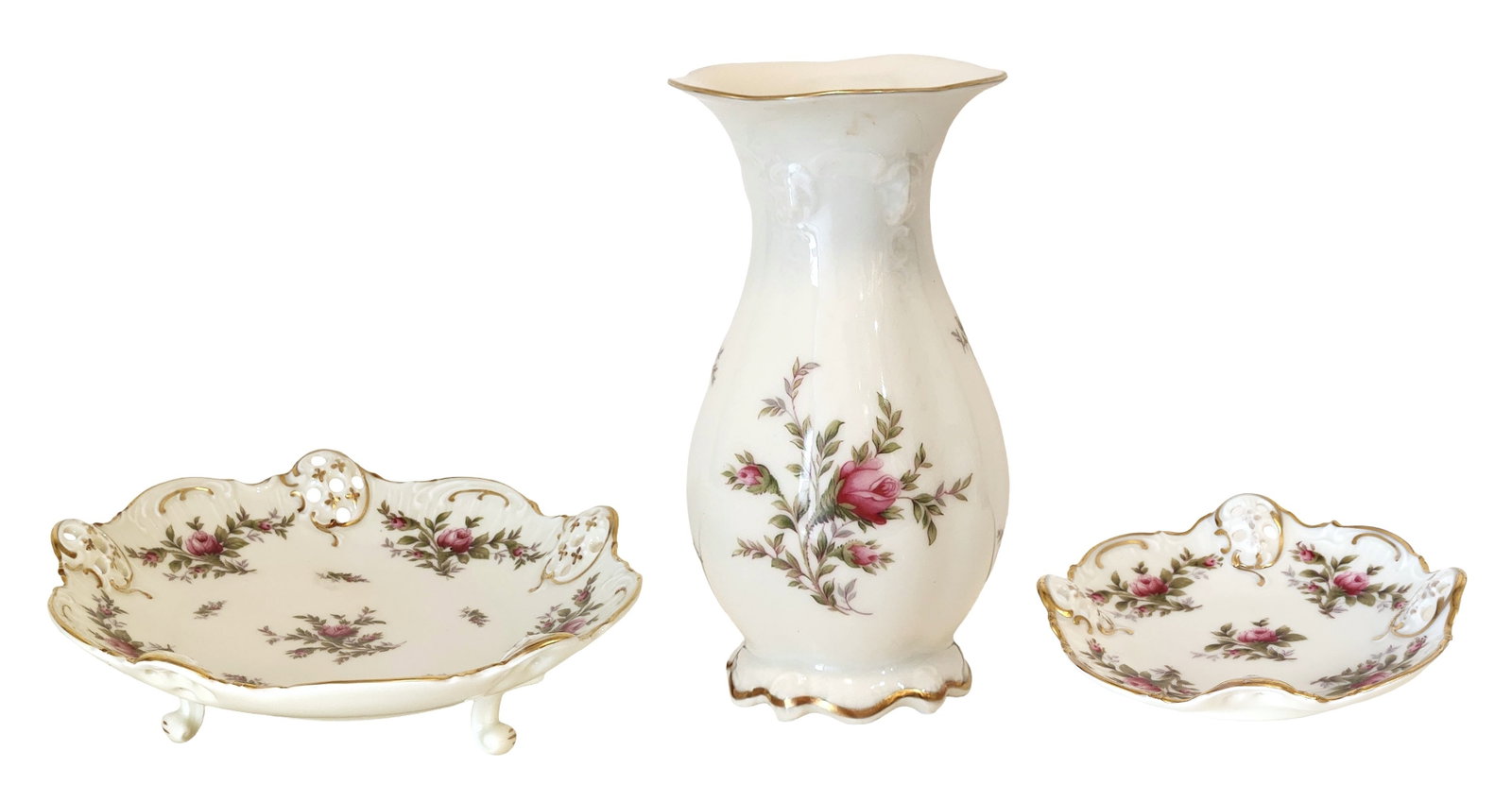 Rosenthal Classic Rose / Moosrose" Porcelain Decorative Lot, Germany: Elegant porcelain decorative grouping from Rosenthal, Germany, in the beloved Classic Rose (Moosrose) pattern. The lot features finely modeled cream-colored porcelain with embossed floral detailing, h