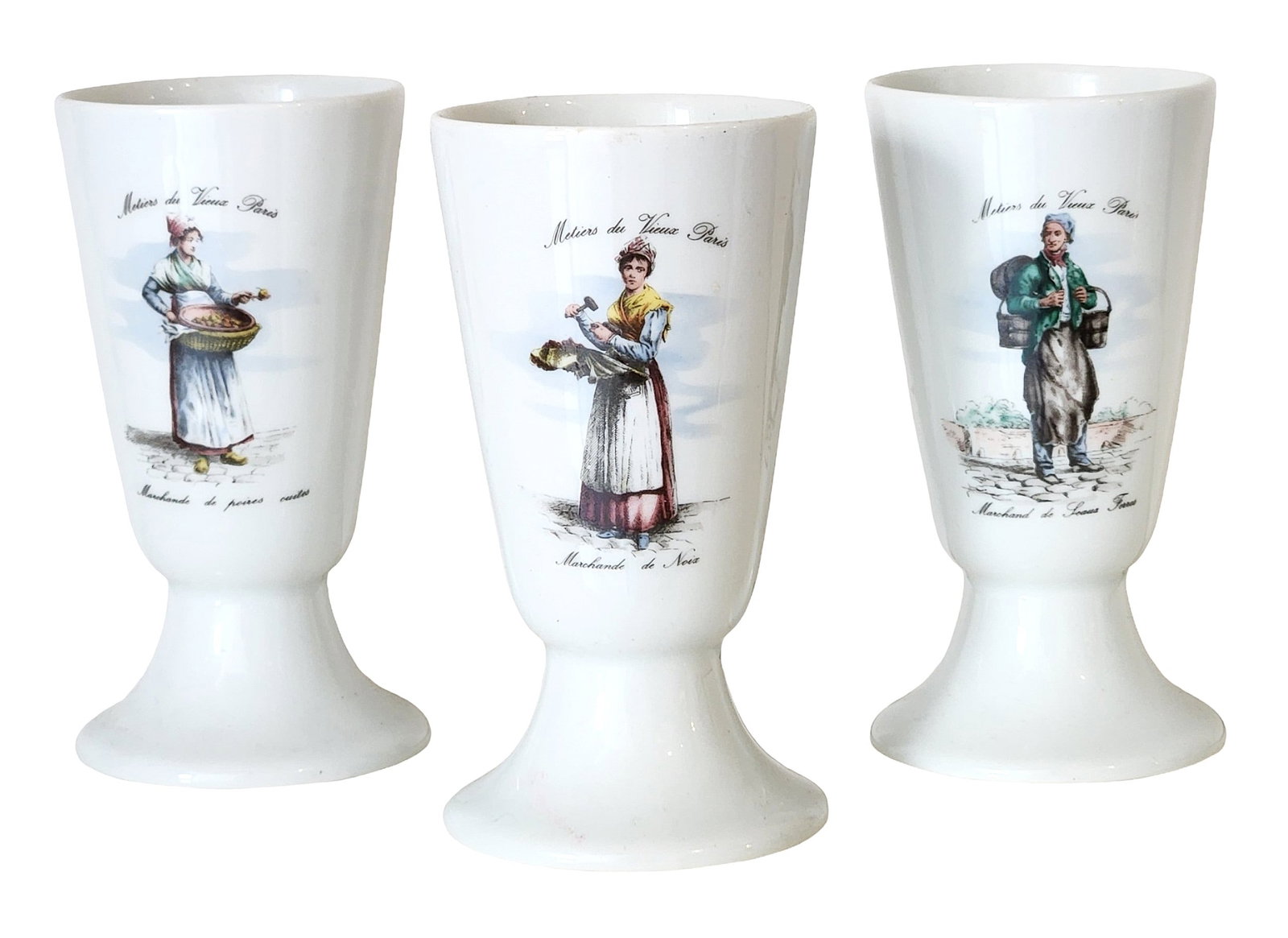 Set of 3 Royal Porzellan Bavaria KPM Pedestal Cups Matiers du Vieux Paris: Beautiful set of three vintage porcelain pedestal cups by Royal Porzellan Bavaria KPM, made in Germany and hand-finished (Handarbeit). Each cup features classic illustrations from the Matiers du Vieux