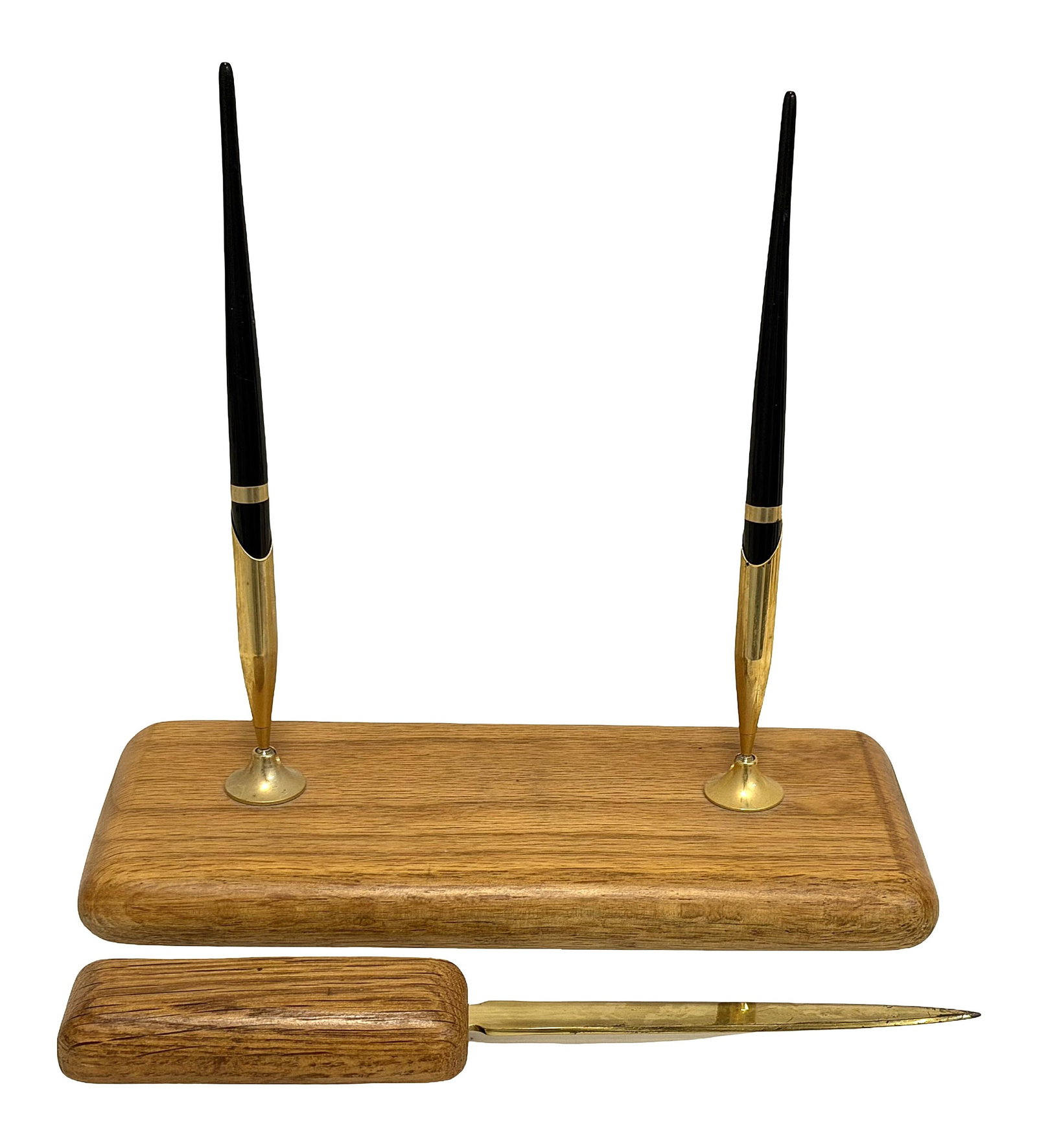 Mid-Century Beautone Desk Set Dual Pen Holder with Letter Opener, Wood & Brass (1 of 4)