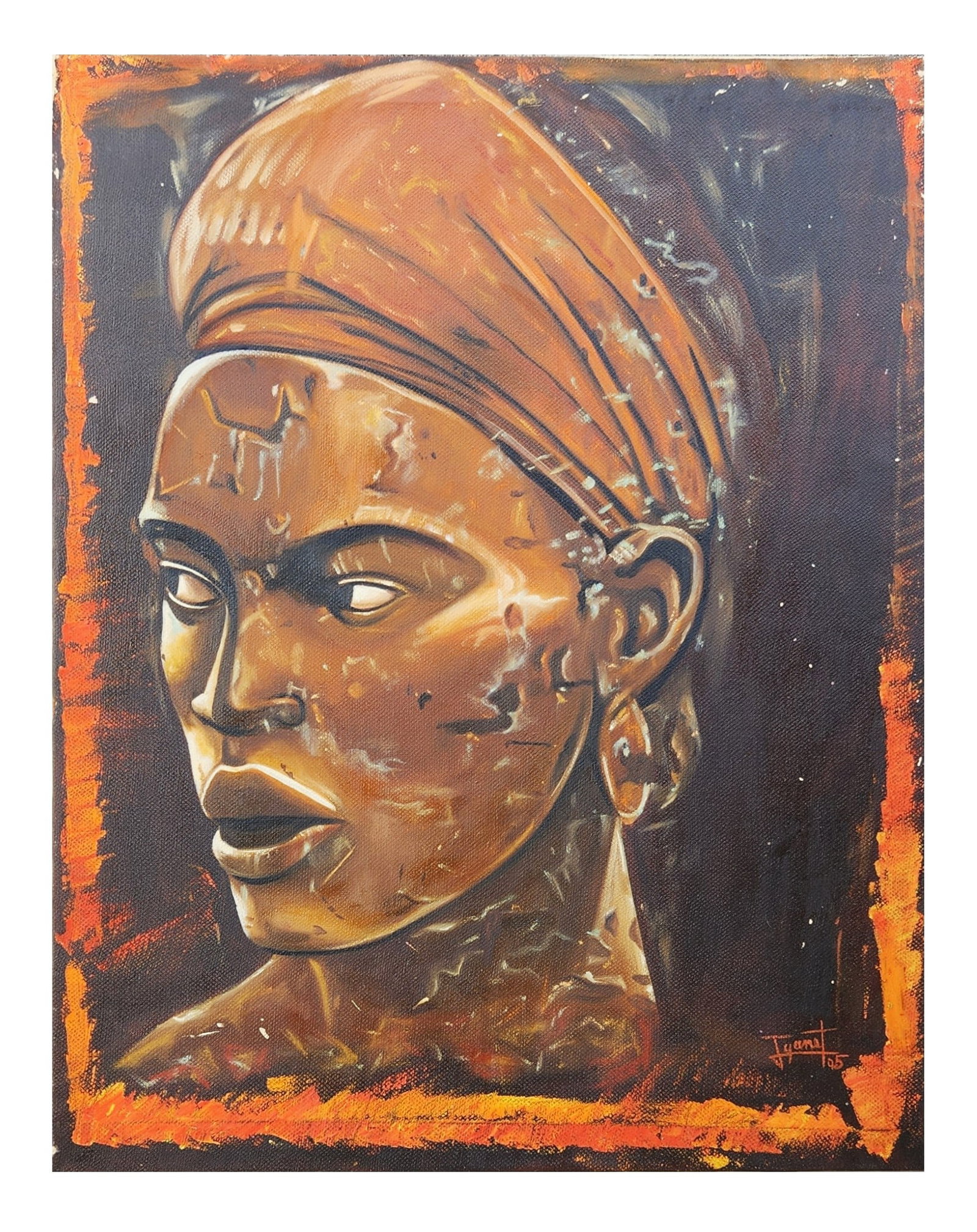 Juanet, "Cabeza Africana" Oil on Canvas, 2005: Powerful portrait painting by artist Juanet, titled Cabeza Africana (African Head), signed and dated 2005. The work depicts a striking profile of a figure rendered in earthy brown and bronze tones, se