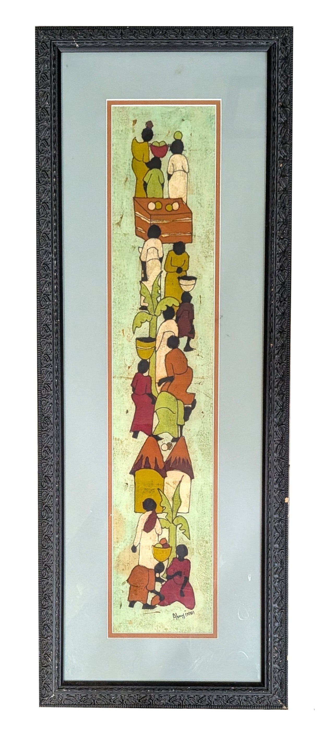 Signed Framed African Village Scene Mixed Media Painting: Vertical mixed media painting depicting a stylized African village scene with figures gathered along a central pathway carrying baskets, tending to daily activities, and moving between huts and tropic