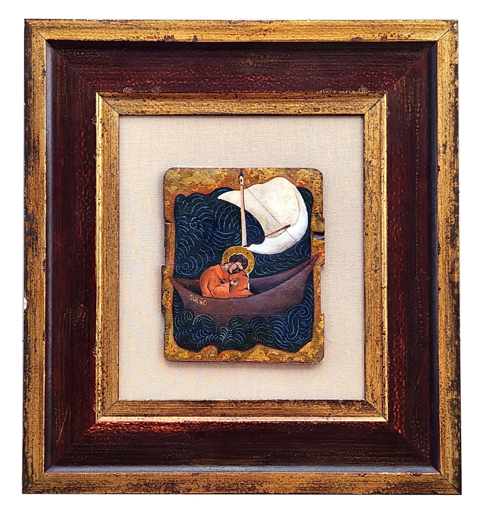 Sueno " Religious Icon Painting on Panel, Signed and Dated 1998: Original painted panel titled Sueno, signed and dated 1998 on the reverse. The work depicts a haloed figure resting in a small boat adrift on stylized waves beneath a sweeping sail, rendered with rich