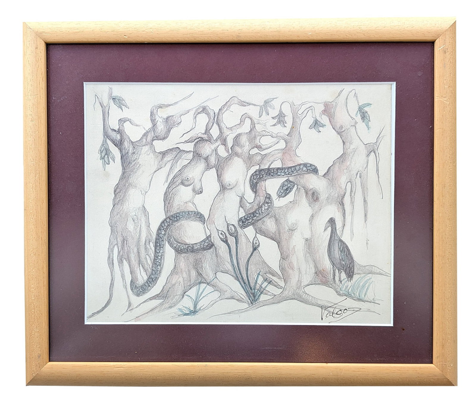 Surreal Figural Tree Drawing w/ Serpent & Bird, Signed " Valgo " , Framed: Intriguing surrealist drawing featuring anthropomorphic tree forms rendered as female figures, intertwined with a serpent and accompanied by a bird. The composition blends organic and human elements