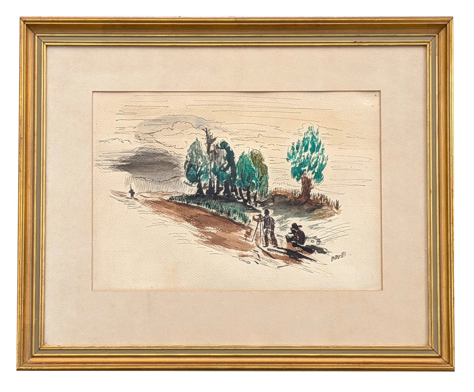 Framed Landscape Sketch with Figures on a Country Road, Signed Initials NWB: Original ink and watercolor landscape sketch depicting two figures beside a country road lined with trees under a dramatic cloud-filled sky. Executed in loose, expressive strokes with green, blue,