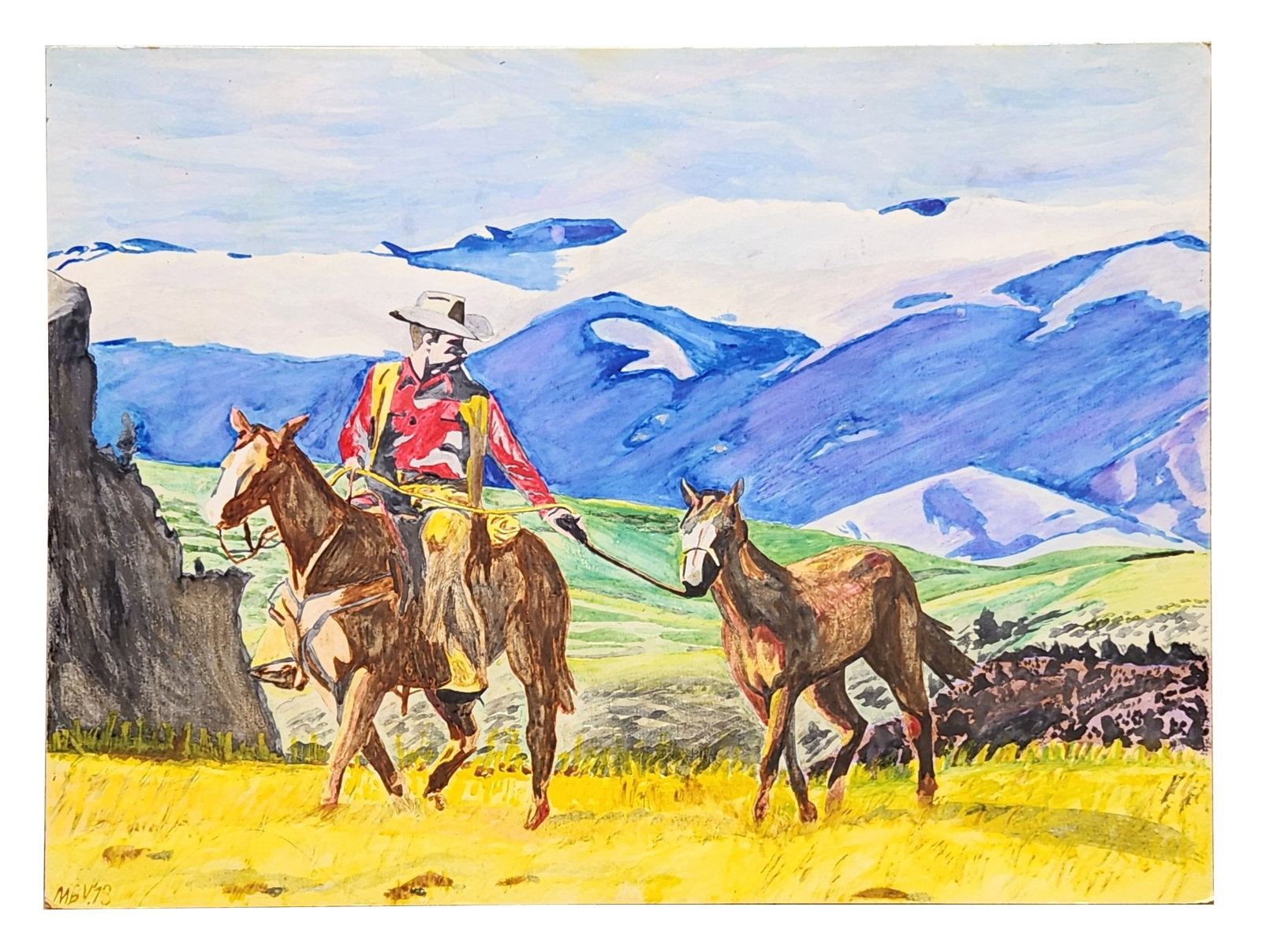 Western Mountain Scene Watercolor, Cowboy with Pack Horses, Signed ?MBV ?78: Offered here is a vibrant 1978 Western watercolor painting depicting a lone cowboy on horseback leading a pack horse through an open mountain landscape. The artists signature MBV 78 appears at the low