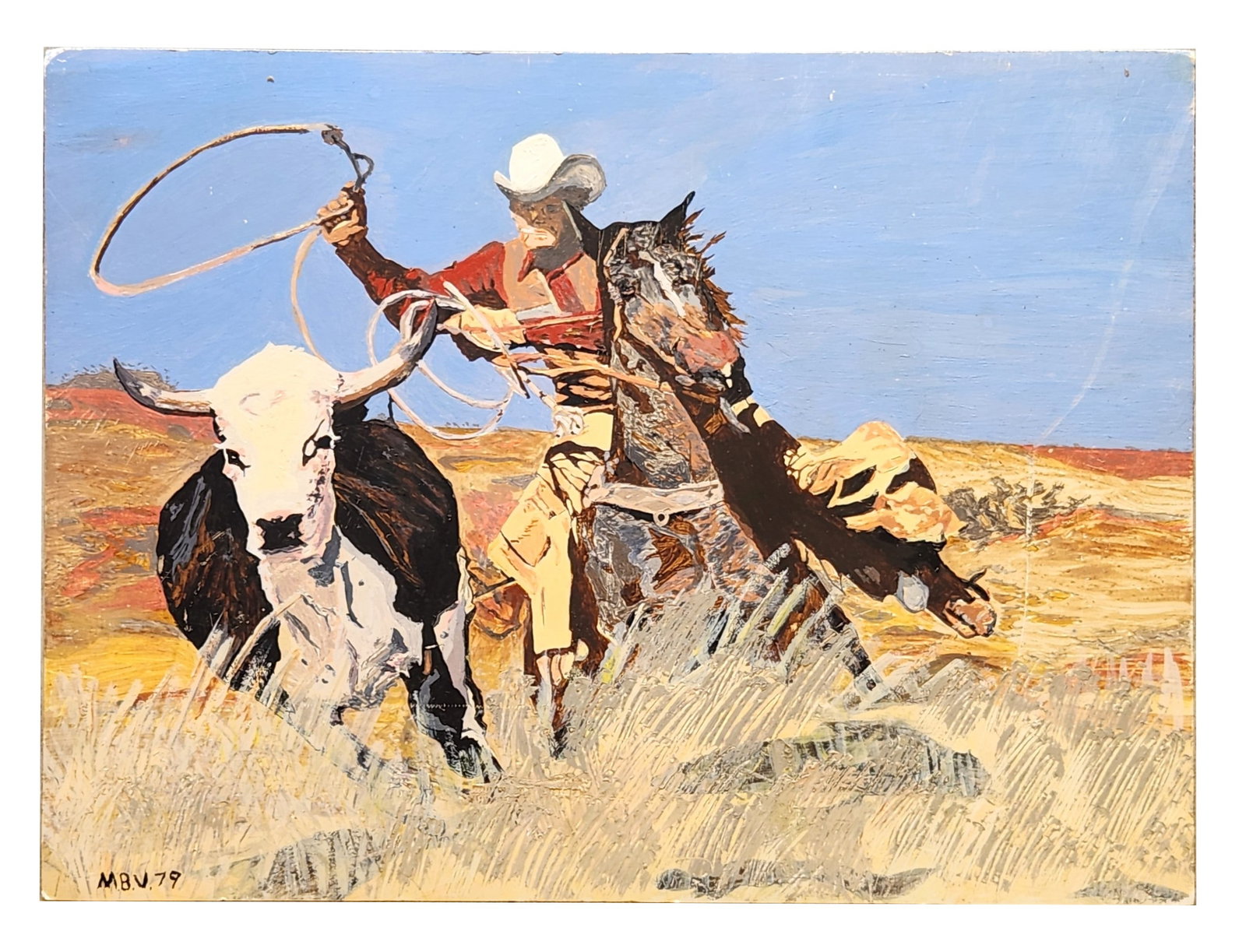 Western Cowboy Roping Scene, Pastel on Cartoon, Signed MBV 79: Offered here is a vibrant 1978 Western watercolor painting depicting a lone cowboy on horseback leading a pack horse through an open mountain landscape. The artists signature MBV 78 appears at the low