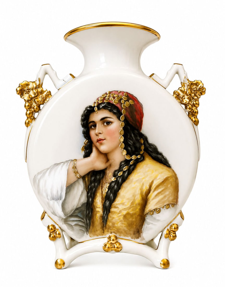 Hand-Painted French Porcelain Portrait Vase Signed E.M. Ryder, 1893: Exceptional hand-painted French porcelain vase signed E.M. Ryder and dated 1893, depicting a finely detailed portrait of an Orientalist maiden on one side and a heron in a natural setting on the rever